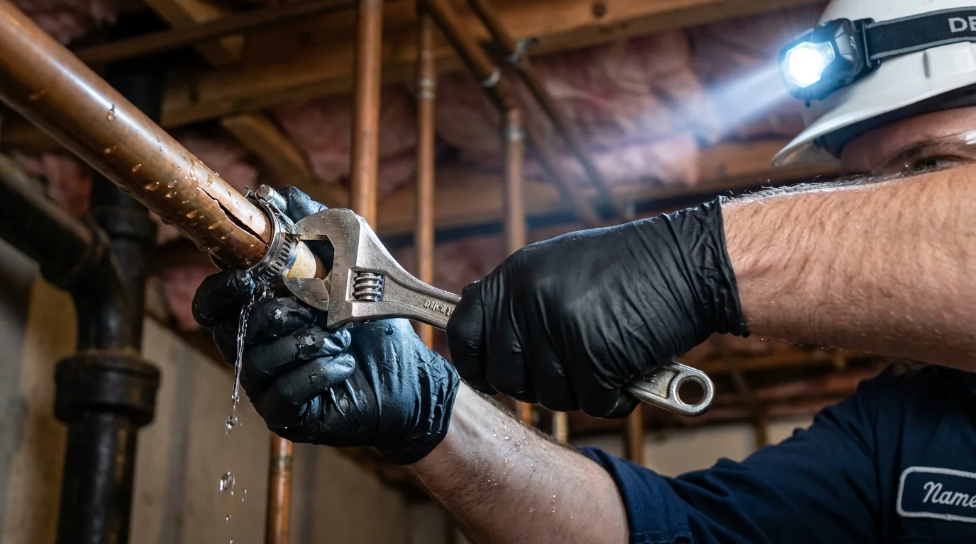 Emergency pipe clamp repair being performed by a Johns Plumbing LLC plumber in Abbottstown